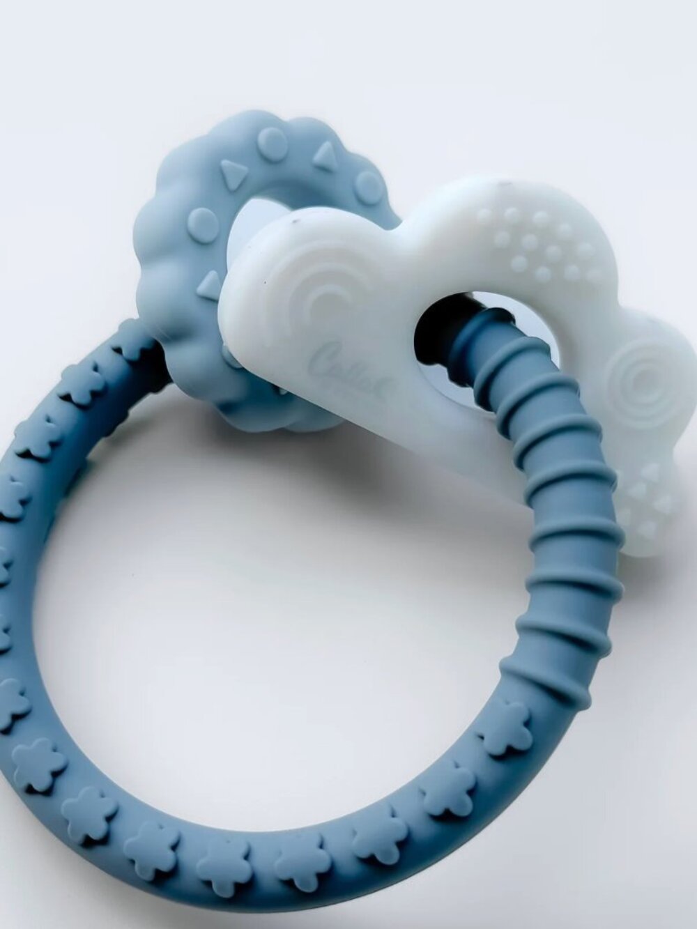 BABY: SILICONE WHITE (Tinted BL Marble) CLOUD TEETHER RING & SNACK POUCH, (NIP)